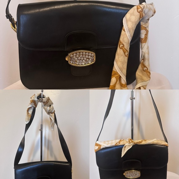 Authentic Celine Paris Black Leather Horse and Carriage Gold Flap Bag with scarf - Picture 10 of 15